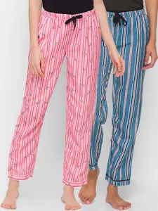 FashionRack Women Pack Of 2 Navy Blue & Pink Striped Regular Fit Cotton Lounge Pants