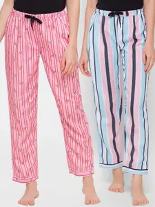 FashionRack Women Pink & Blue Set Of 2 Printed Cotton Lounge Pants
