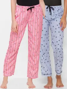 FashionRack Women Pack Of 2 Grey & Pink Striped Regular Fit Cotton Lounge Pants