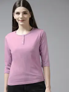 The Dry State Women Lavender Henley Neck T-shirt