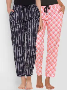 FashionRack Women Pack of 2 Pink & Navy Blue Mid Rise Cotton Lounge Pants
