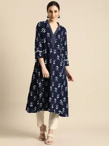 Anouk Women Navy Blue & White Ethnic Motifs Printed Indigo Kurta