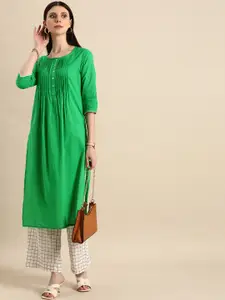 Anouk Women Green Solid Round-Neck Pleat-Detailed Pure Cotton Kurta