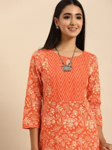 Anouk Women Orange & White Floral Printed Kurta