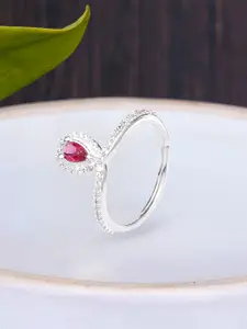 KUNUZ Silver-Plated Red & White CZ-Studded Finger Ring