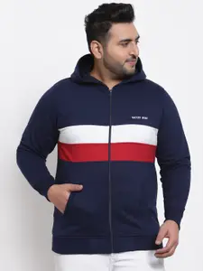 Kalt Plus Size Men Navy Blue Colourblocked Hooded Sweatshirt