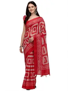 KALINI Red & White Block Print Linen Blend Saree