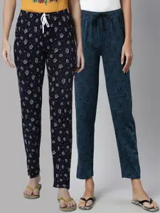 Kryptic Women Pack Of 2 Navy Blue & Teal Printed Pure Cotton Lounge Pant