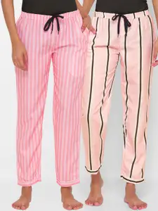 FashionRack Women Pack Of 2 Pink Striped Regular Fit Cotton Lounge Pants