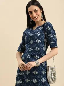 Anouk Women Navy Blue & White Geometric Printed Pure Cotton Kurta
