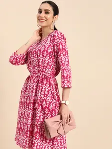 Anouk Women Pink & White Printed A-Line Dress