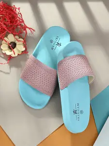 Sringam Women Blue & Pink Sliders Flip Flops