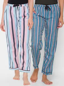 FashionRack Women Pack Of 2 Blue & Pink Striped Regular Fit Cotton Lounge Pants