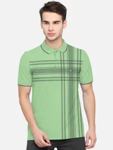 BULLMER Men Green & Grey Striped Polo Collar Bio Finish Cotton T-shirt