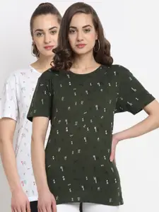 VIMAL JONNEY Women Pack of 2 Olive Green & White Printed Drop-Shoulder Sleeves T-shirt