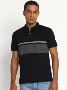 Lee Men Black & White Striped Polo Collar Slim Fit T-shirt