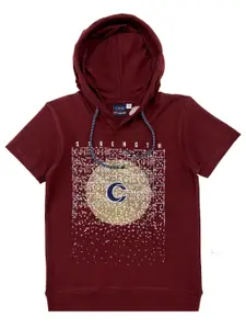 CAVIO Boys Maroon & Beige Typography Printed Hooded T-shirt