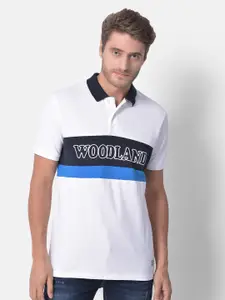 Woodland Men White & Blue Typography Colourblocked Polo Collar T-shirt