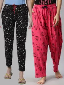 Kryptic Woman Pack of 2 Black & Fuchsia Pink Printed Pure Cotton Lounge Pants