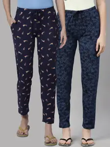 Kryptic Women Navy Blue Set Of 2 Printed Pure Cotton Lounge Pants