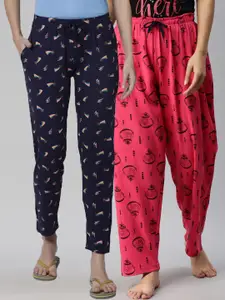 Kryptic Women Pack Of 2 Navy Blue & Fuchsia Printed Pure Cotton Lounge Pants