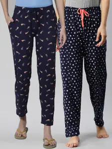 Kryptic Women Pack Of 2 Navy Blue Cotton Printed Lounge Pants