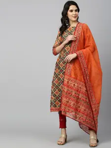 FASHOR Women Green & Orange Ethnic Motifs Printed Chanderi Silk Kurta