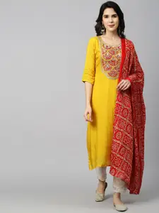 FASHOR Women Yellow Embroidered Kurta with Bandhani Dupatta