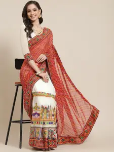 SERONA FABRICS Red & Off-White Bandhani Pure Georgette Half and Half Bandhani Saree
