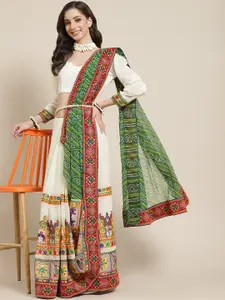 SERONA FABRICS Green & Off-White Pure Georgette Half and Half Bandhani Saree