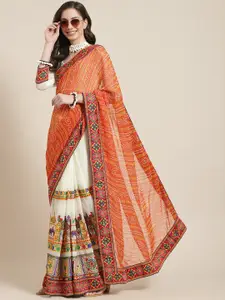 SERONA FABRICS Orange & Off-White Mirror Work Pure Georgette Half and Half Bandhani Saree