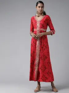 Yufta Women Red & Beige Bandhani Print Maxi Dress