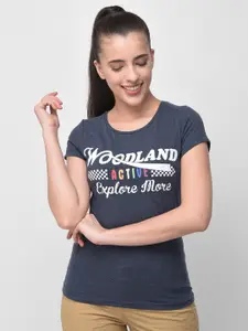 Woodland Women Blue Typography Printed Regular Fit T-shirt