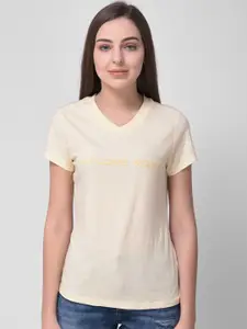 Woodland Women Yellow Typography Printed V-Neck T-shirt