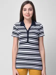 Woodland Women Navy Blue & White Striped Polo Collar T-shirt
