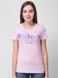 Woodland Women Pink & Blue Printed Round Neck T-shirt