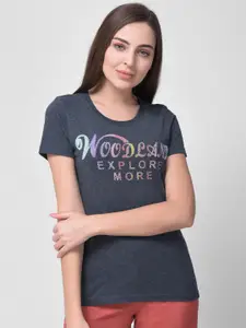 Woodland Women Navy Blue Typography Printed T-shirt