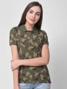 Woodland Women Olive Green & Brown Camouflage Printed T-shirt