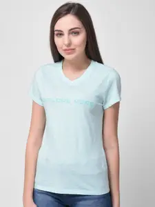 Woodland Women Blue Typography V-Neck Pure Cotton T-shirt