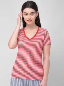 Woodland Women Red & White Striped V-Neck T-shirt