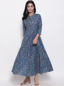 GLAM ROOTS Blue Floral Printed Cotton Maxi Dress