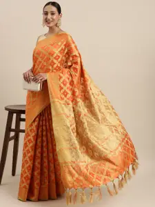 Mitera Orange & Golden Geometric Woven Design Saree