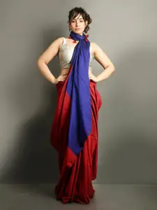 Charukriti Red & Blue Colourblocked Saree
