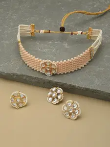 Zaveri Pearls Peach Coloured Choker Necklace Earring & Ring Set