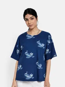 Fabindia Navy Blue Print Extended Sleeves Pure Cotton Top