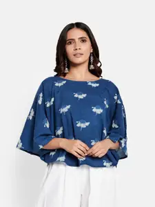 Fabindia Navy Blue Floral Print Batwing Sleeve Cotton Top
