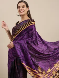 navyasa by liva Purple & Black Floral Liva Satin Saree