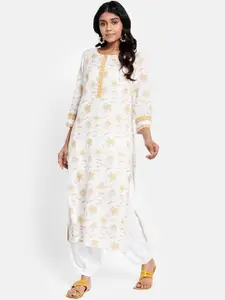 Fabindia Women White Floral Block Printed  Kurta