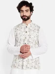 Fabindia Men White & Grey Block Printed Pure Cotton Woven Nehru Jacket