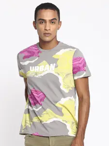Lee Men Grey & Yellow Abstract Printed Slim Fit T-shirt